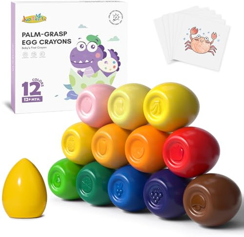 JUPITEARTH 12 Colours Egg Crayons for Toddlers 1-3, Palm Grasp Non Toxic Washable Jumbo Crayons for Kids, Fat Brain Toys for Preschool Art Supplies and Perfect Easter Gifts for Boys and Girls