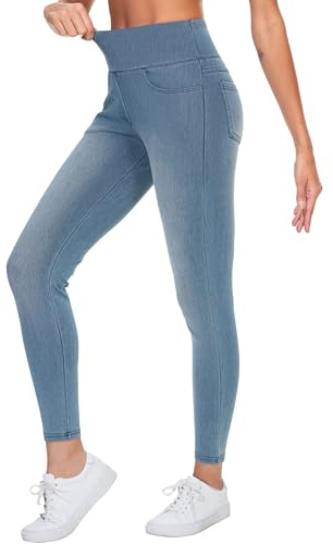 THE GYM PEOPLE Skinny Jeans Jeggings Donna a Vita Alta Elasticizzati con Contrallo Pancia, Tasche per Yoga Leggero e Tempo Libero, Denim Azzurro, XL