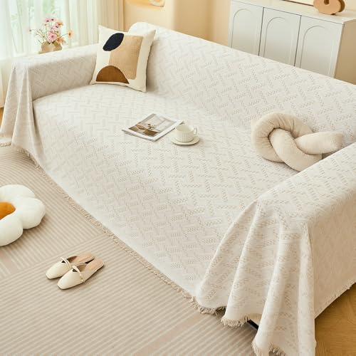Surwin Plaid Canape Grande Taille, Jeté de Canapé Jacquard, Réversible Housse de Canapé d'angle, Couverture Protege Canape 1 2 3 4 Places en Forme de L (Crème,180x300cm)