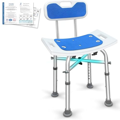 OUUTMEE Chaise de douche avec dossier, 6 niveaux réglables en hauteur : 65 à 77 cm, chaise de douche pour personnes âgées, avec pieds antidérapants, capacité de charge maximale : 136 kg