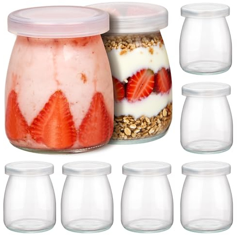 Vtopmart 8 Pack 200ml Glass Yogurt Pots, Small Glass Jars with Lids | Reusable Breakfast Pots for Overnight Oats, Homemade Yoghurt, Pudding, Jam, Dessert, Spice Storage