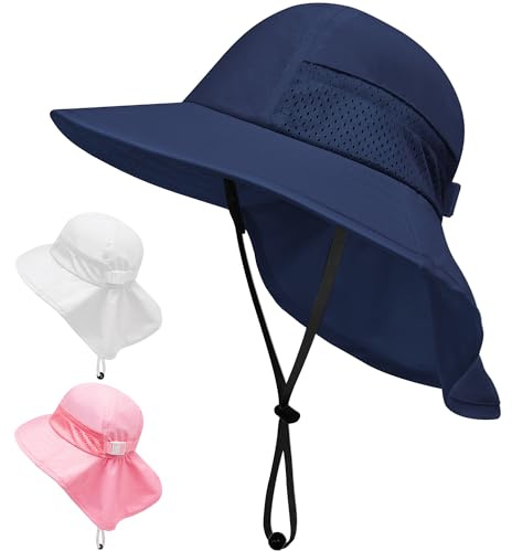 JinBei Unisex baby solhatt barn sommarhatt UV-skydd 50+, småbarn andas strandhatt med nackskydd och brett brätte, strandmössa justerbart band flickor pojkar sommarmössa, blå, 3-24 Monate