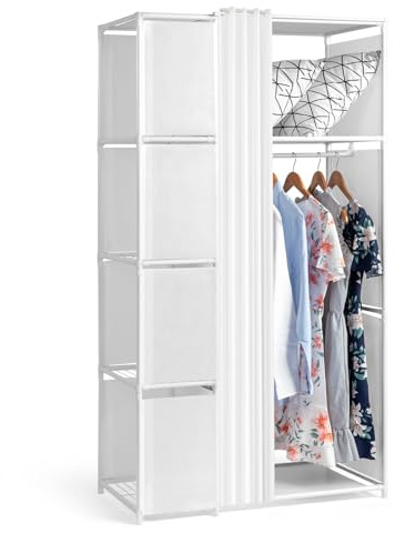 Alightup Armoire de Rangement, Penderie avec Rideau, Dressing, Armoire Métallique, avec Barres de Suspension, Porte-vêtements, pour Vestiaire, Chambre, 88 x 44 x 162 cm (Blanc, 88 x 44 x 162 cm)