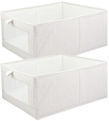 Tryslyn 2 Piezas Cajas Organizadoras, Organizador Armario Ropa con Ventana Transparente, Caja de Almacenamiento, Cajas Almacenaje Tela, Caja de Almacenamiento Plegable para Juguetes(Blanco Roto)