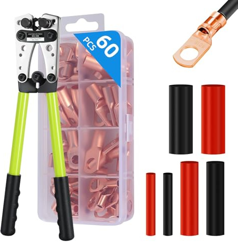Battery Cable Lug Crimping Tool with 60pcs Copper battery terminal connectors,60pcs Dual Wall Adhesive Heat Shrink Tubing,Wire Crimper Tool for AWG 10-1/0 battery Cable Ends Crimper
