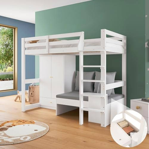 boorbin Cama alta para niños, multifuncional, con una escalera, con armario, sofá con espacio de almacenamiento, tres cojines y cojines, con estante, sin colchón, madera maciza, color blanco, 90 x 200