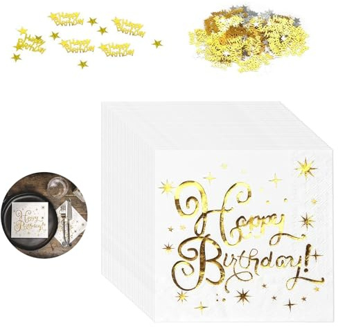 40 Pièces Serviette Papier, Serviettes de Table Blanc Or Happy Birthday Anniversaire Décoration de fête Pour Fêtes et Anniversaires de Table Élégante 33 x 33 cm (Blanc Or)