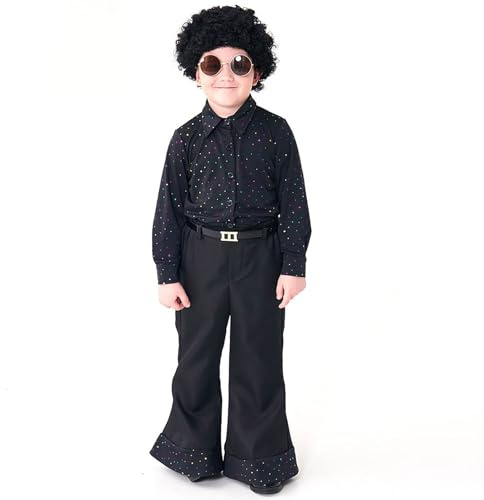 Costume anni '70 per bambini, costume hippie, stile retrò, da discoteca, costume hippie, con parrucca, occhiali da sole, accessori da discoteca, camicia e pantaloni a zampa, per carnevale o feste a
