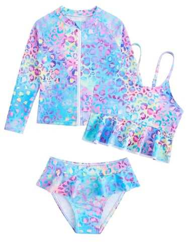 WYTbaby 3-Piece Girls Swimming Costume Rash Guard Set Long Sleeve Ruffle Shorts Tankini Sets Girls Swimsuit 8-9 Years