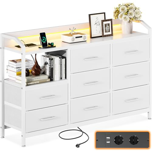 ODK Blanc Commode Chambre Adulte, avec LED et 2 USB et 2 Secteur