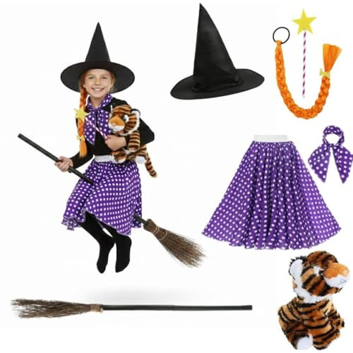 Kids Storybook Witch Costume Set with Broomstick, Witch Hat, Tiger Plush Teddy Polka Dot Skirt, Ginger Plait Hair & Magic Wand for World Book Day and Dress Up Play for Children