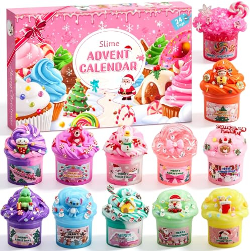 Calendrier de l'Avent Schleim 2026 pour enfants, calendrier de Noël en cristal amusant pour garçons et filles - 24 jours de compte à rebours avec 12 slimes et 12 accessoires, thème de Noël