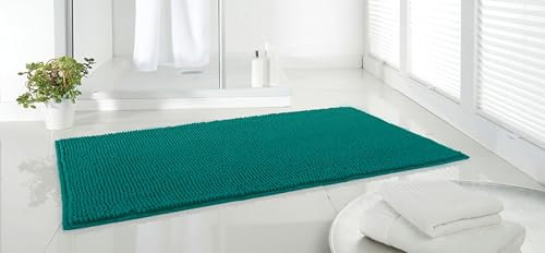 Quantum Interior Chenille Badematte ca. 60x90 cm -Microfaser Badvorleger in Trendfarben, schnell trocknender Badezimmerteppich,Rutschfester weicher und saugfähiger Microfaser Duschvorleger (Türkis)