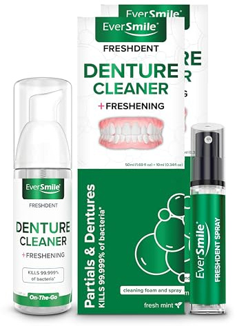 EverSmile FreshDent Denture and Partial Denture Cleaner + Teeth Whitening Spray and Foam– Travel Size Alternative to Cleaning Tablets That Eliminates Bacteria and Fights Bad Breath – 50ml + 10ml (2pk)