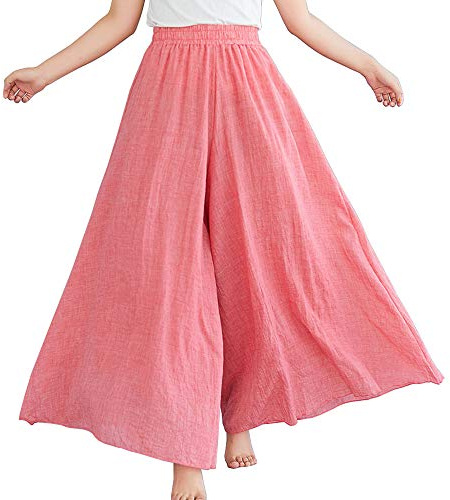 BININBOX Pantalon Large Femme Palazzo Jambes Large Elastiqué Taille Haute Décontracté Lin Coton Jupe-Culotte Longue (Rose, Longueur 95CM)