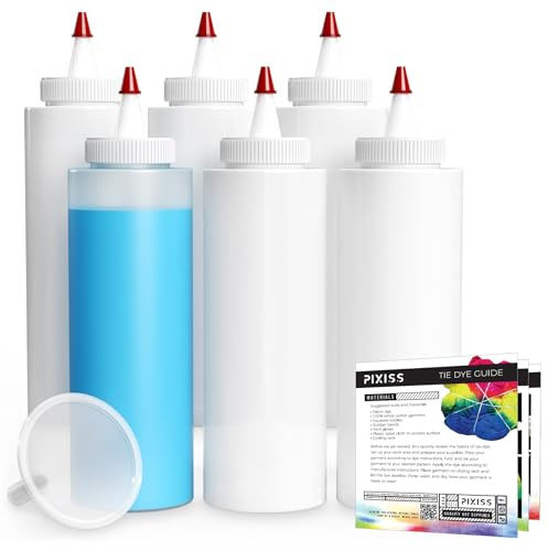 Pixiss Tie Dye 8oz Squeeze Bottles (6 Pack) with 2 Funnel - Precise Dispenser for Arts and Crafts - Perfect for Liquid or Powdered Dyes, Includes Basic Tie Dye Patterns Guide