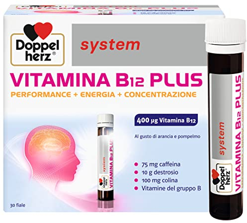 Doppelherz system VITAMINA B12 PLUS - Integratore Alimentare con Destrosio, Vitamine del Gruppo B, Caffeina e Colina, Sapore Arancia e Pompelmo - Senza Glutine e Lattosio - 30 Fiale