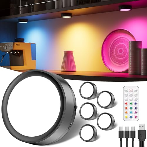 RGB Rechargeable Spot Lights Indoor, 2400mAh Battery Colour Changing LED Puck lights with Remote Push Button Under Cupboard Kitchen Lights USB Magnetic Touch Shelf Light Stick On Display Cabinet Light