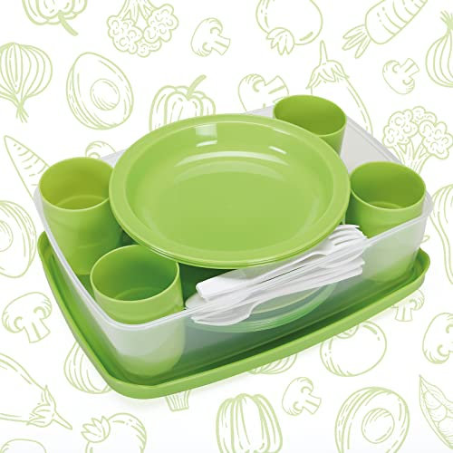 Cosmoplast Set picnic stoviglie per 4 persone - 25 pezzi - riutilizzabile, infrangibile - Campeggio e Feste - 100% Made in Italy - 0% BPA
