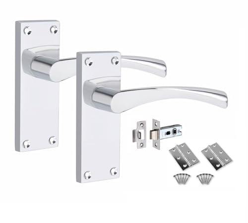 Golden Grace Victorian Scroll Astrid Door Handles, Polished Chrome, 1 Set | Includes 3 butt hinges and a 64mm tubular latch for non-locking internal wooden doors, with a 120mm x 40mm metal backplate.