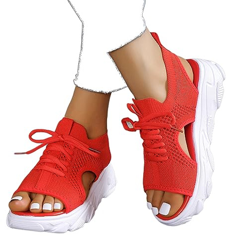 YChao Sandale Orthopedique Mules Femme Compensees Basses Respirantes Outdoor Mocassin Confortable Mode Sneakers Femmes Bas Sneaker à Lacets Antidérapant,Rouge,US8/EU40