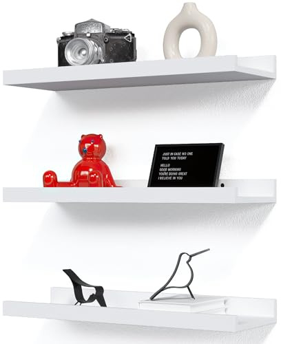 RICHER HOUSE Wandregal Weiß, 3er Set Bilderleiste, 40 cm Schweberegal Holz, Regal Wand für Fotorahmen und Dekos, Wohnzimmer, Kinderzimmer, Schlafzimmer, Küche, Badezimmerwand