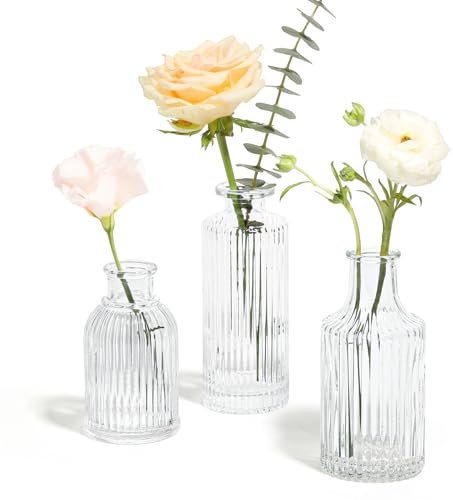 ComSaf Glass Bud Vases Set of 3, Small Flower Vases in Bulk, Mini Ribbed Vases for Centerpieces, Clear Vintage Vases for Table Decorations, Wedding, Party, Receptions, Home Decor (Different Sizes)