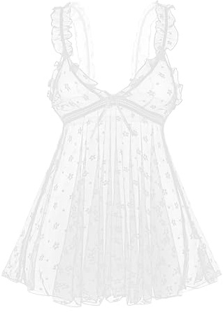 KFLY Babydoll Lingerie Set Dress for Women Flower Print Polka Dots Bowknot Nightwear Sexy See Through Lace V Neck Sleepwear Nightdress with Cutout Thong(White