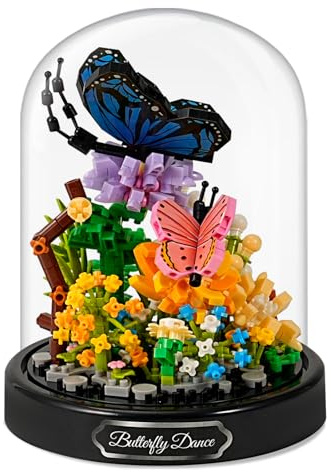 Mini Animals Flower Building Set - 530 Pcs Butterfly Kit Building Blocks with Transparent Cover, Flower Garden Block Den Kit, Home Decoration (Blue Butterfly)