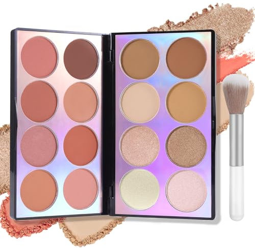 Jutqut 16 Colours Blush Contour Highlighter Makeup Palette with Brush, Highly Pigmented Make Up Palette 3-in-1, Blush Palette Matte Shimmer Glitter Facial Beauty