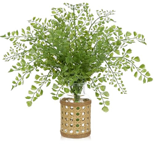 Faux Greenery Stems in Vase Aritificial Fern Plant in Glass Vase with Faux Water & Woven Cover Small Fake Desk Plants Greenery Centerpieces for Farmhouse Kitchen Dinner Tables Shelves Plants Decor