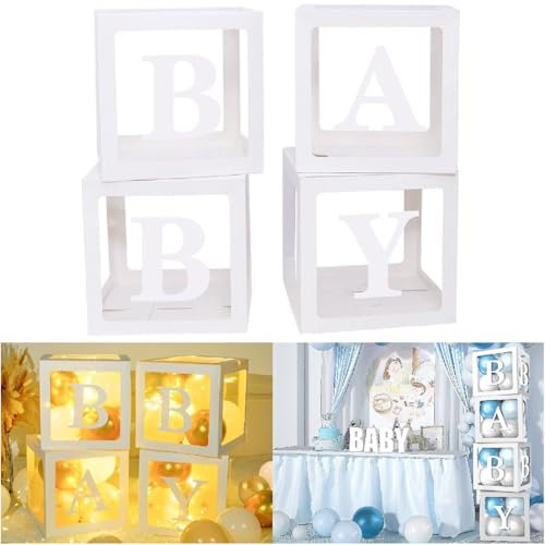 Scatola Baby Shower Decorazioni,Scatole per Palloncini Trasparenti Decorazione per Baby Block con Lettera per Feste di Primo Compleanno Matrimoni, Compleanni, Baby Shower,4PC