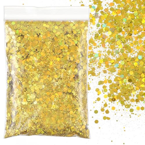 OZUO 50g Glitzer Basteln, Glitter Gold Glitzer Pulver Zum Basteln Gold Pailletten Glitzerstaub Stoff Nagel Kerzen Für Nägel Gesicht Makeup Kartenbasteln Handwerk Nagelkunst (0,2 mm, 1 mm, 3 mm)