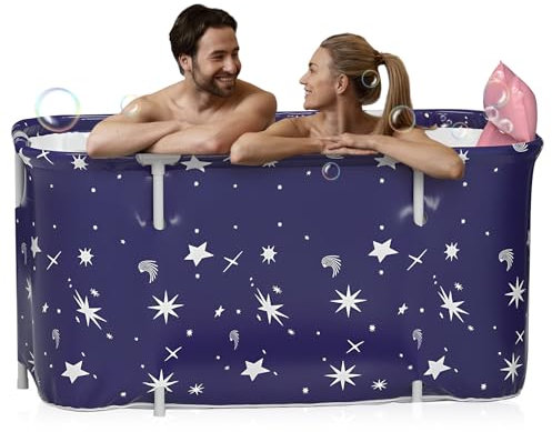 Warmiehomy Baignoire pliable pour adulte - 140 x 50 x 55 cm - Portable - Avec coussin et dossier - Baignoire spa pour douche - Baignoire pliante autoportante pour adultes et enfants - Bleu étoilé