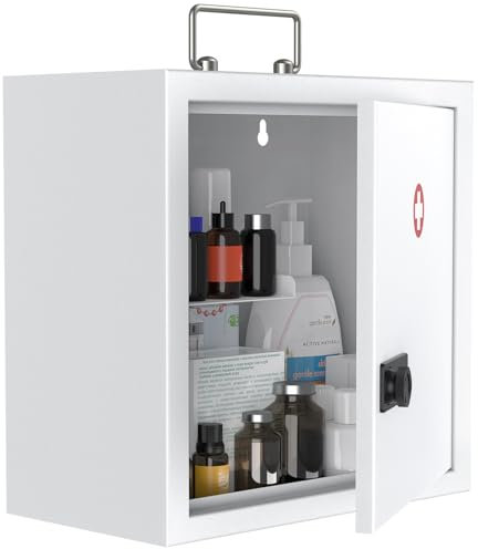 Uniclife Wall Mount Medicine Cabinet with Combination Lock & Handle Locking First Aid Lockable Medical Safe Storage Box Medium Medicine Organizer Secure Steel Wall Cabinet Metal Storage Box