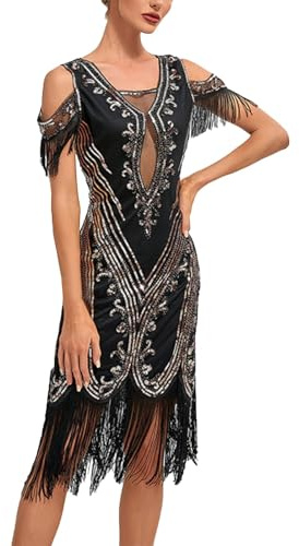 Generico Costume Carnevale Donna,Abito con Frange Abito da Donna Anni 20 retrò Sexy Vestito da Sera Vestito con Paillettes 1920s Gatsby per Carnevale Charleston Festa Tema Sera Cerimonia