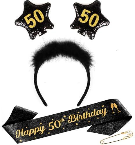 TUZELIYA Copricapo per 50° Compleanno - Fascia Capelli Glitterata con Cintura e Spilla - Accessorio per Festa di Compleanno Donna e Uomo - Decorazione per 50 anni