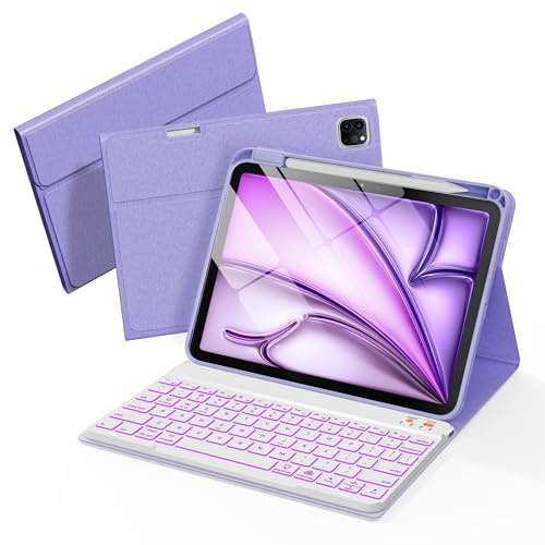 Senyoson Tangentbordsfodral för iPad Pro 12,9 tum (femte generationen) och New Air 13 tum M2 (endast för 3 iPad-modell) - trådlöst avtagbart tangentbords- pennhållare, med automatisk vila/vakna (lila)