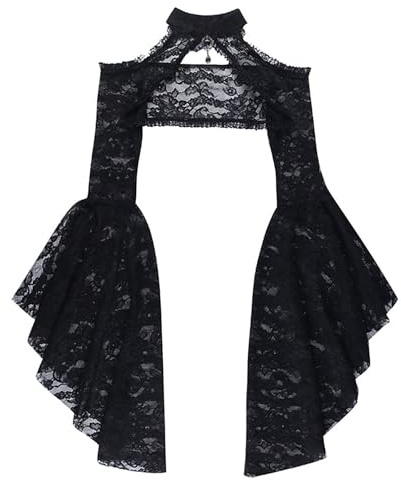 winying Gothique Steampunk Bolero Châle Manche Trompette Col Droit Crop Top Dentelle Filet Couverture Bolero Noir S