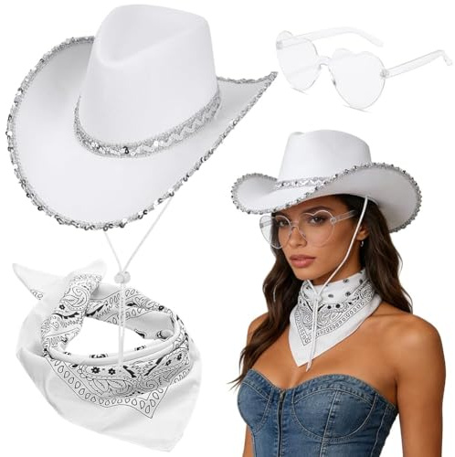FCXVXCL 3PCS Cappello da Cowboy Western Nero Cappello Cowboy Piume Sciarpa e Occhiali A Forma di Cuore Cowgirl Accessorio Decorazione Glitterata Adatta Balli in Maschera Festa