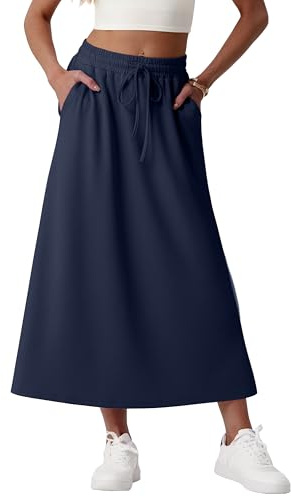 GRECERELLE Women's Skirts with Pockets Elasticated Waist Midi Skirt A-Line Summer Casual Maxi Skirt Long Skirts for Women UK