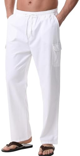 Zetieny Pantalon Lino Hombre Pantalones Casuales con Bolsillos con Cordón Pantalón Largos de Verano Ligeros Pantalones Cómodos Estilo Playero