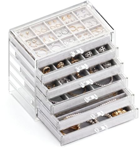GlowSai Acryl Schmuck Organizer Schmuckaufbewahrung Schmuckkästchen mit 4 Schubladen für Ohrringe, Ringe, Armbänder (Grau, 4)