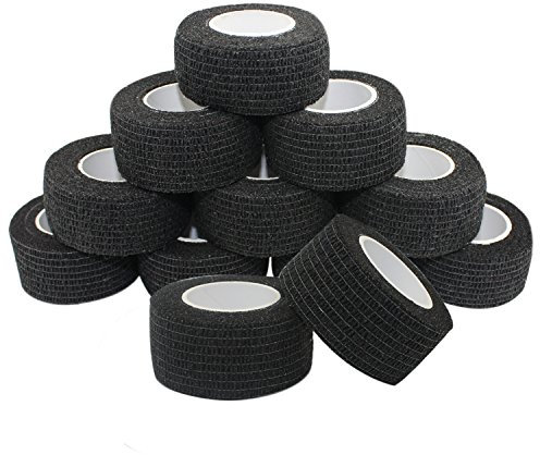COMOmed 12 Stücke Kohäsive Bandage Fixierbinde Selbsthaftend Elastisch 2.5cm breit x 4,5 Meter dehnbar,Wundverband, Verband Hand, Elle, Knie, Fuß, Gelenkte, Fingerverband, Pflasterverband, Schwarze