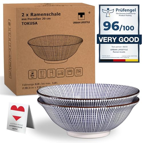Urban Lifestyle 2 cuencos de porcelana para ramen, 20,5 cm, patrón japonés Tokusa azul / blanco
