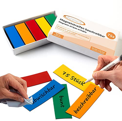 ECENCE Magnetstreifen beschreibbar 75 Stück - 60x20mm - abwischbare Magnetschilder - Magnet-Etiketten zuschneidbar für Whiteboards, Kühlschränke, Magnettafeln - bunt