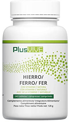 Plusvive - Lot de 240 capsules de fer et de vitamine C, enrichies en papaïne et spiruline pour une biodisponibilité améliorée