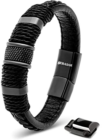 SERASAR Pulsera Hombre 20cm Negro de Cuero Pulseras Hombres Brazaletes Pulso Muñequera Bisutería Joyeria Cuerdas Bracelet Men Jewellery Ancha