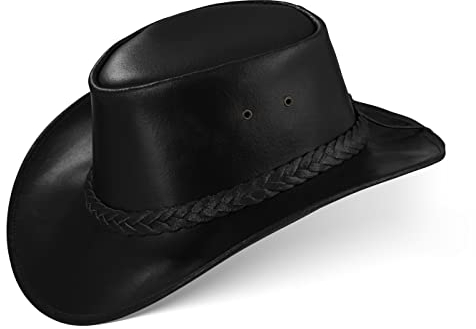Black Forest Fox® Perth Unisex Western Cowboy Reiten Leder Sonnen Hut in (XXL, Schwarz)