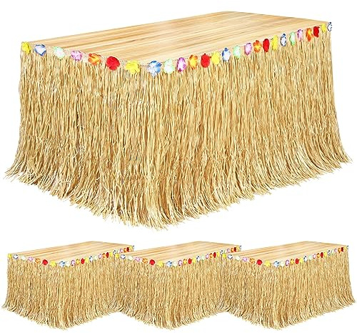 Fovths 4 Pack Luau Grass Table Skirt Natural 9 Feet x 29.5 Inch Hawaiian Table Skirt for Tropical Hawaiian Party Decorations Luau Party Costume Party, Straw Yellow